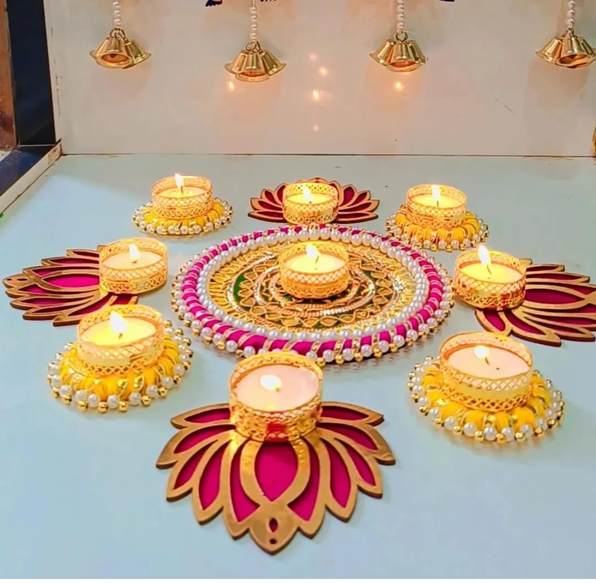 Urban Turtle Home Decorative Lotus Rangoli & Lotus Diya Set, Corporate Gift, Diwali Gift, Diya for Puja, Home Decor Light, Navratri Puja, Christmas Candle, New Year Candle Set of 9 - Seeds Ville
