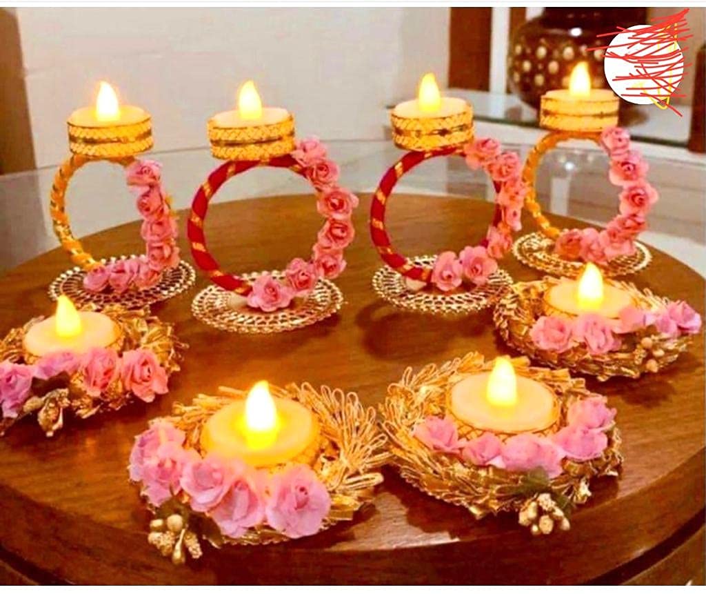 Decorative Flower Studded Metal Tealight Candle Holder/Rangoli Flower Mat Toran Diya/Deepak for Festive Look Decoration Gift Item - Seeds Ville