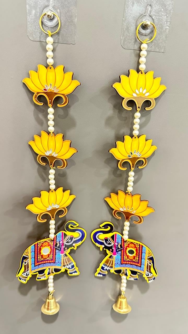 Door Entrance Hanging, Mandir Door Decorations Items, Lotus with Cowcalf Elephant Style Hanging, Ganpati Decor & Diwali Decoration|Door Hanging | Diwali Gift | 23 Inch by Urban Turtle (Yellow) - Seeds Ville