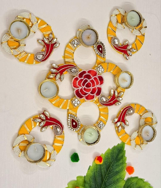 Urban Turtle Handcrafted Artificial Diya Rangoli Mat Tealight Candle Holder | Traditional Colourful Designer Deepak Diya Tea Light Candle Set for Home, Diwali Decoration Gifting (8 Pieces, Yellow) - Seeds Ville