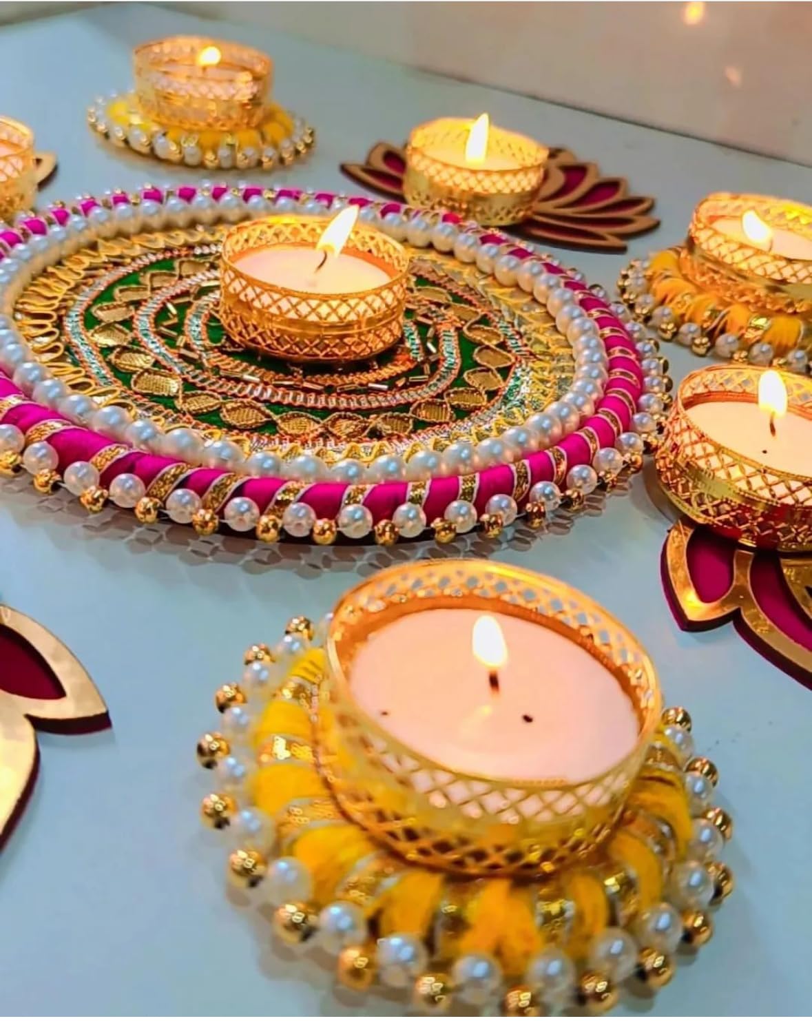 Urban Turtle Home Decorative Lotus Rangoli & Lotus Diya Set, Corporate Gift, Diwali Gift, Diya for Puja, Home Decor Light, Navratri Puja, Christmas Candle, New Year Candle Set of 9 - Seeds Ville