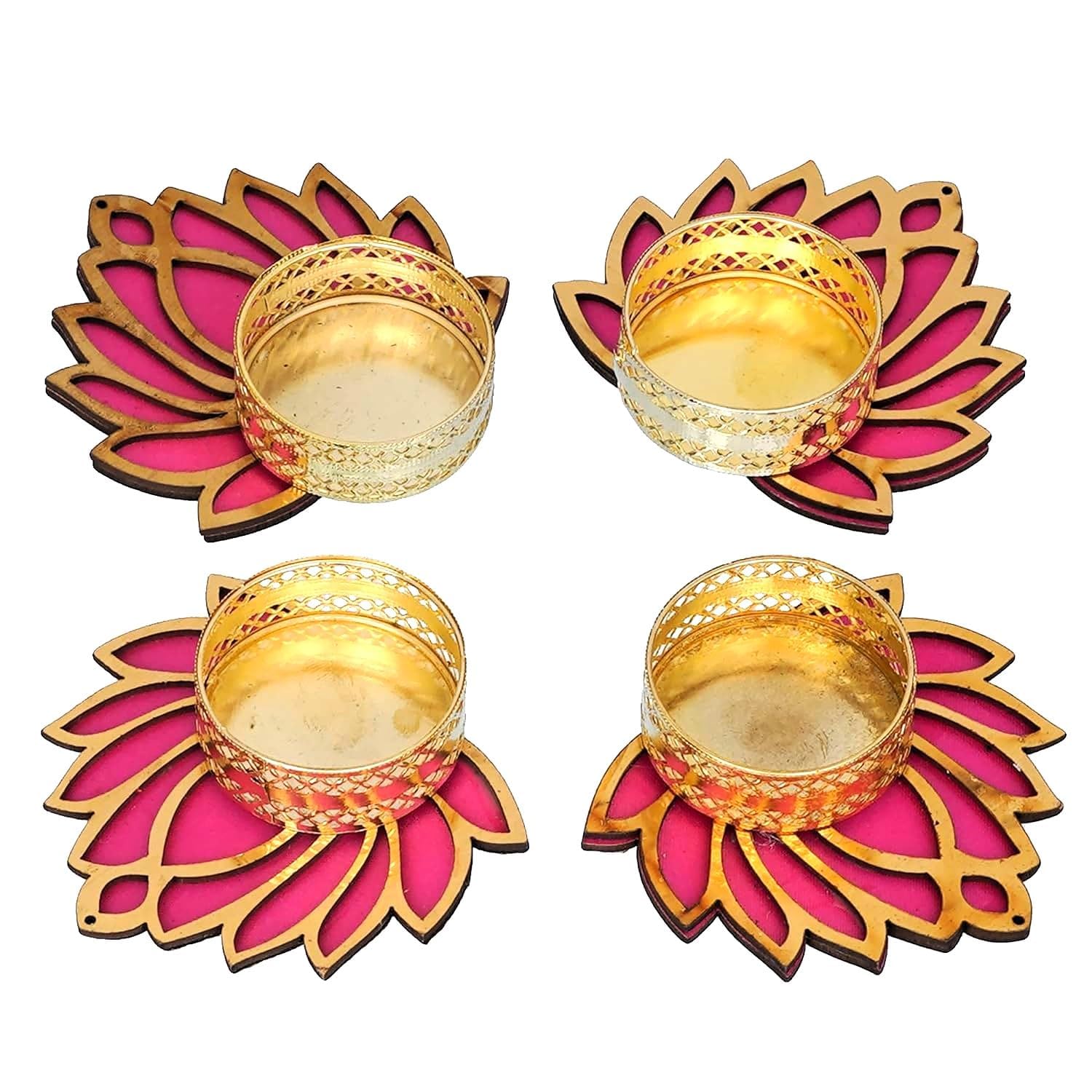 Pink Color Lotus Shape Tealight Candle Holder - Diwali, Navratri Home Decoration- Set of 4 - Seeds Ville