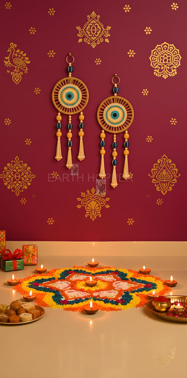 Earth Hopper Large Evil Eye Wall Decor Hanging (Set of 2) - Handmade Jute & Cotton Nazar Boncuk for Positive Energy | Vastu & Feng Shui Item for Home & Office - Seeds Ville