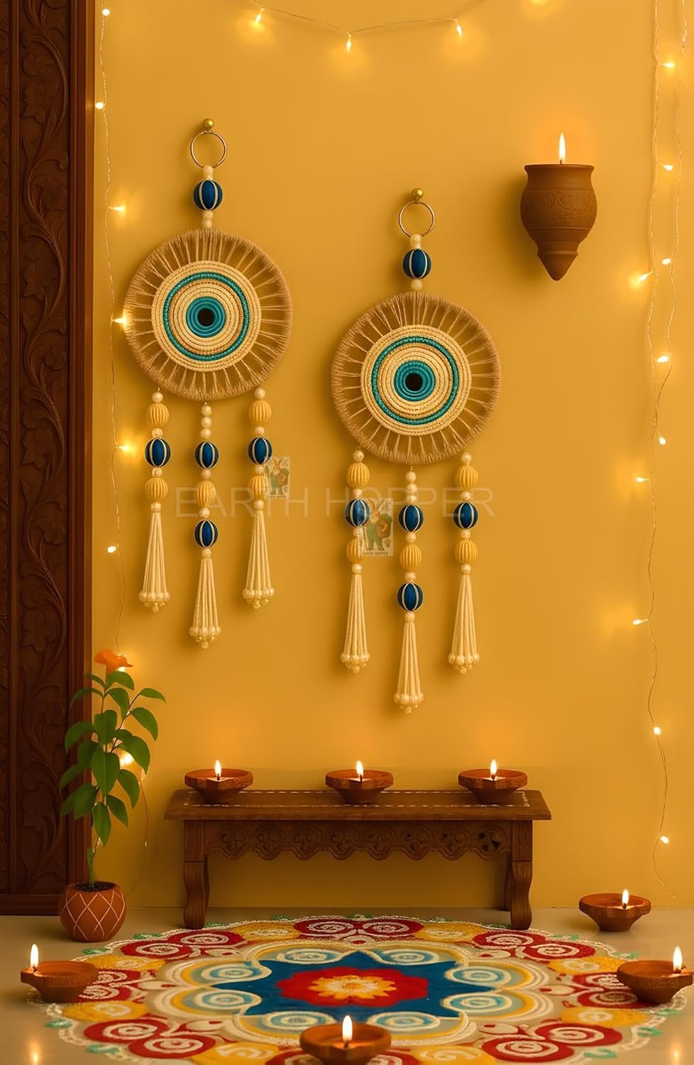 Earth Hopper Large Evil Eye Wall Decor Hanging (Set of 2) - Handmade Jute & Cotton Nazar Boncuk for Positive Energy | Vastu & Feng Shui Item for Home & Office - Seeds Ville