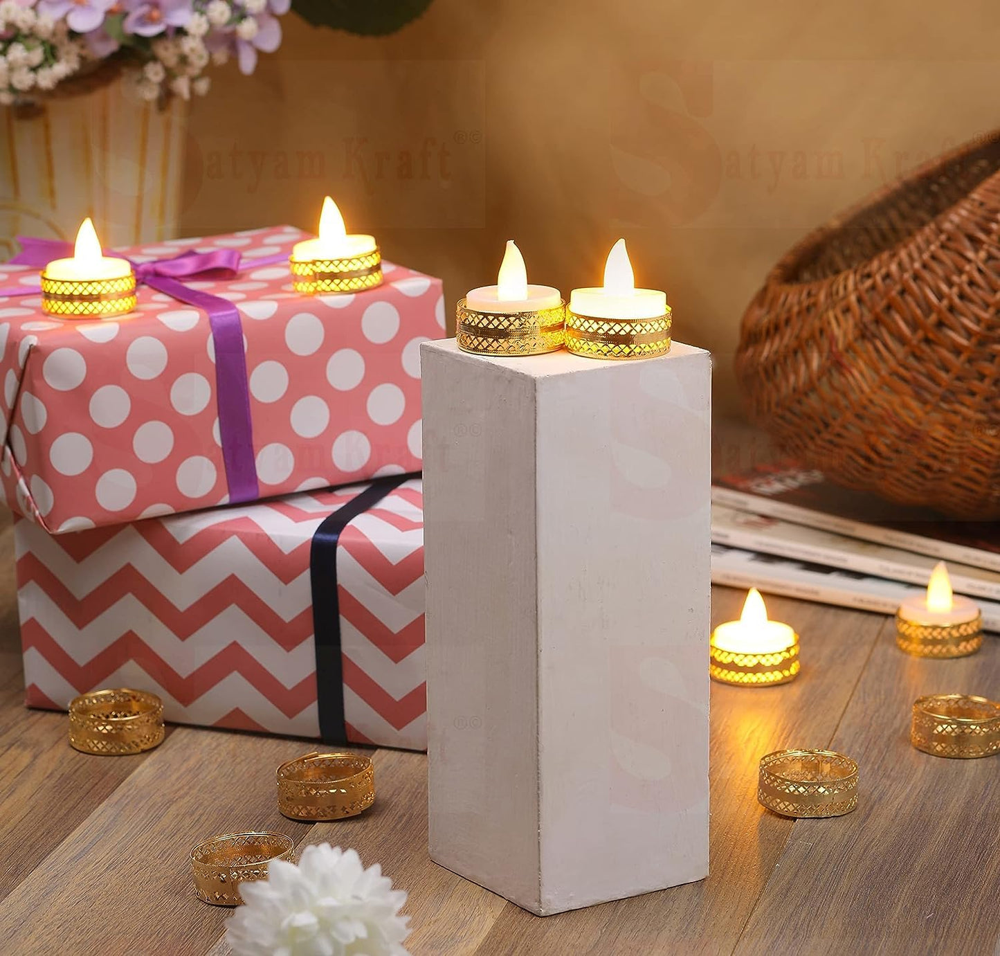 Unique Design Metallic Diya Tea Light Candle Holder Rangoli Diya for Home Office Decoration Diwali Gifts TeaLights Set of 6 Pc - Seeds Ville