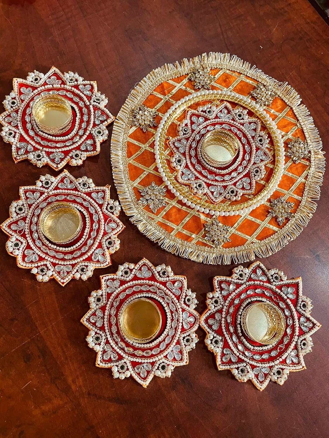 Handmade Artificial Rangoli Mat Tealight Candle Holder Diya | Traditional Colourful Deepak Diya Tea Light Candle Set for Home Decoration, Diwali, New Year Gifting (Multicolour, Pack of 5) - Seeds Ville