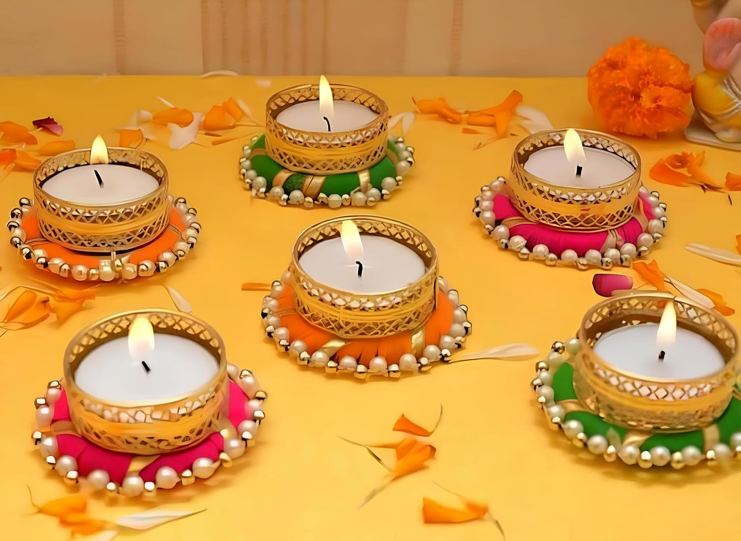 Divine Decors Tealight Candle Holder Rangoli Set for Diwali, Navratri, Indian Festival Home Decoration - Set of 6 - Seeds Ville