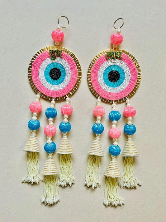 Shubh Labh Hanging for Main Door Entrance,Evil Eye Hangings for Pooja Room, Home Decor Diwali Showpiece Gift, Corporate Gift, Handcrafted Beaded Evil Eye Wall Hangings Diwali Decoration Housewarming - Seeds Ville