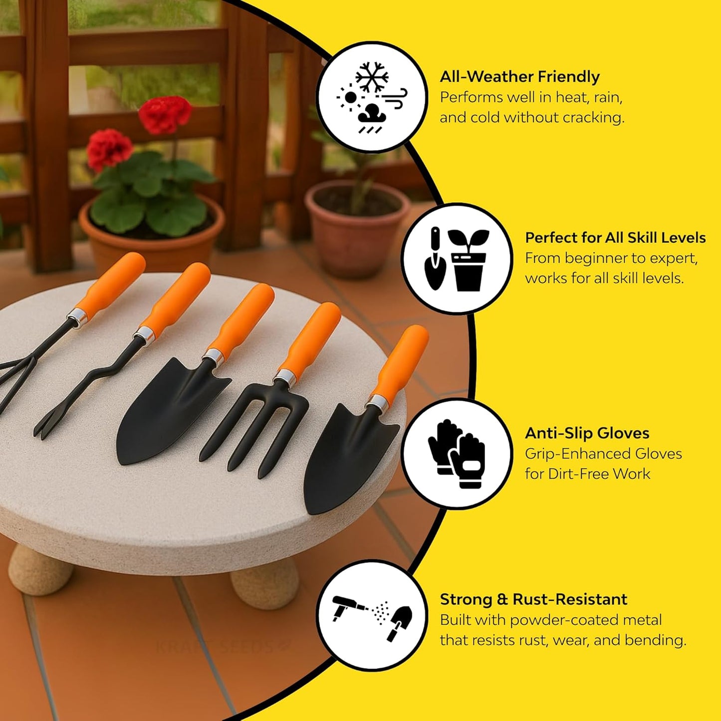 Kraft Seeds Home Tools, 7Pcs Gardening Tools Kit for Home Garden - (Cultivator, Fork, Trowels, Weeder, Gloves, Pruner Cutter), Lightweight, Portable, Durable Gardening Items for Indoor and Outdoor Use - Seeds Ville
