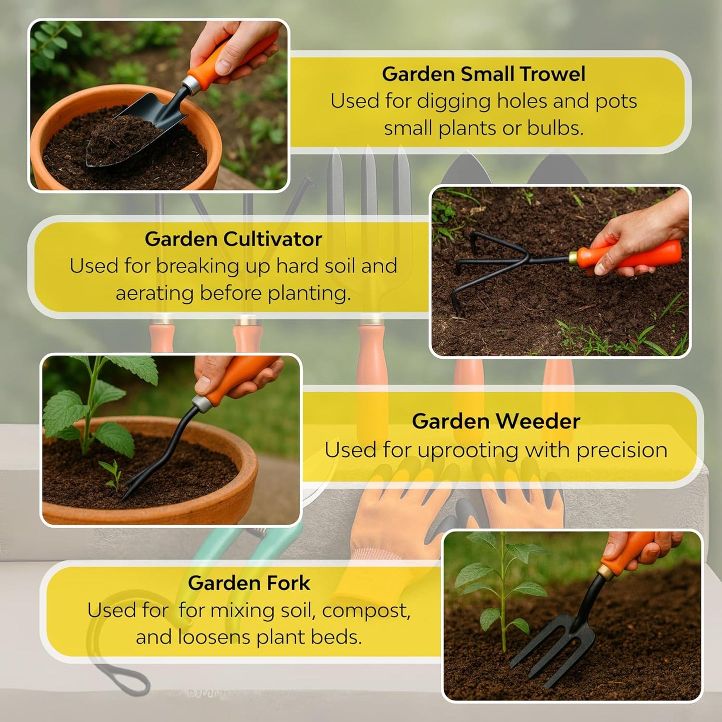 Kraft Seeds Home Tools, 7Pcs Gardening Tools Kit for Home Garden - (Cultivator, Fork, Trowels, Weeder, Gloves, Pruner Cutter), Lightweight, Portable, Durable Gardening Items for Indoor and Outdoor Use - Seeds Ville