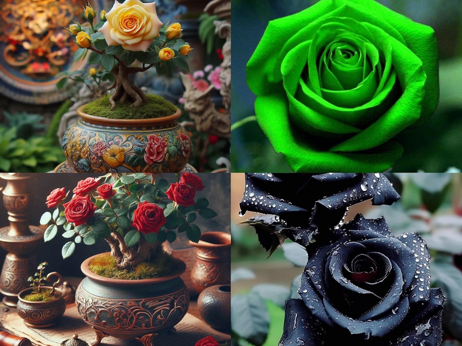 100+ SEEDS - Exotic Rose Flower Seeds Combo Pack (Red, Black, Yellow, Green) 25 Seeds Each - Seeds Ville