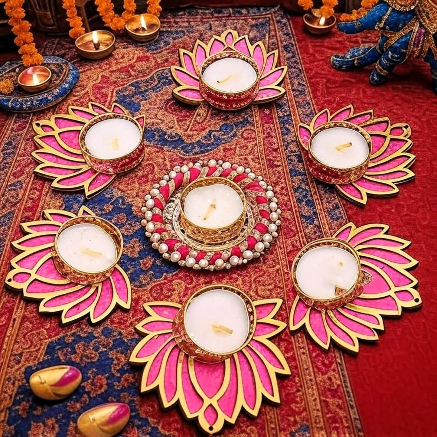 BlimBurn Rangoli Tealight for Diwali, Event Decoration, Home Decoration, Wedding and Religious Festival (Lotus Decor - 7 Pc) - Seeds Ville