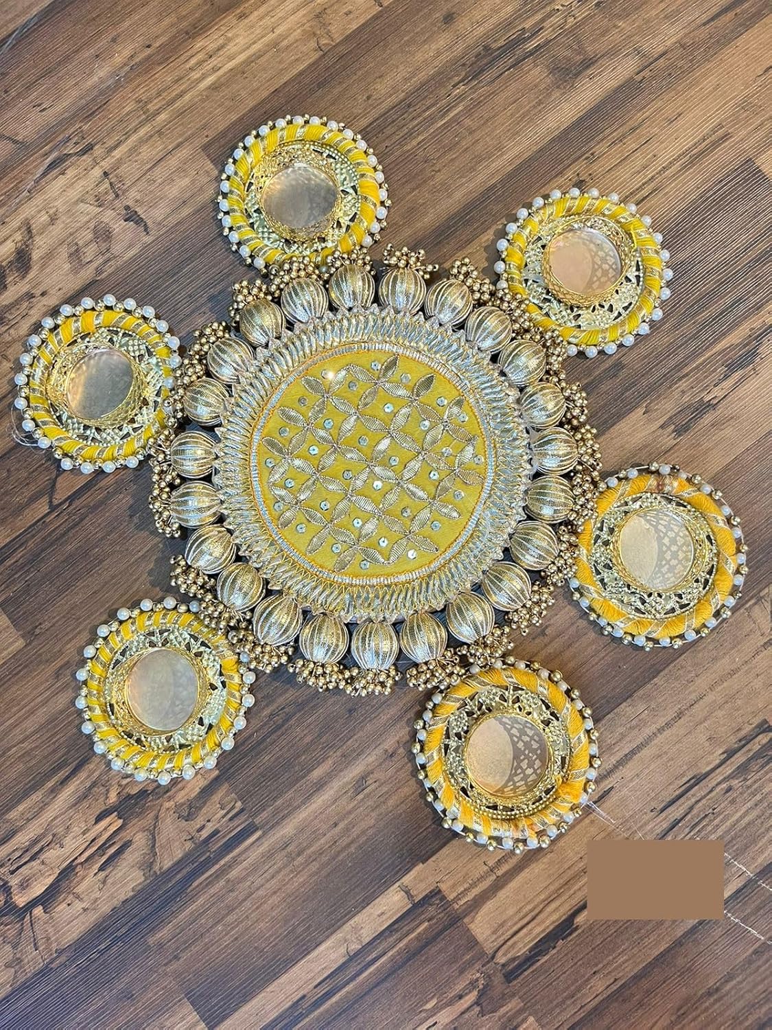 Urban Turtle Handmade Artificial Flower Rangoli Mat Tealight Candle Holder | Traditional Colourful Designer Deepak Diya Tea Light Candle Set for Home, Diwali Decoration Gifting (7 Pieces, Yellow) - Seeds Ville