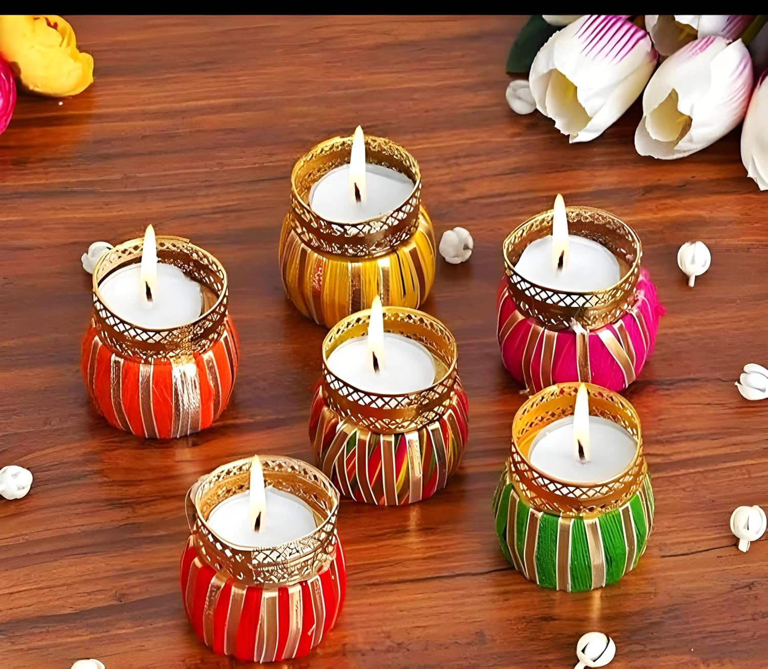 Tradiational Tealight Candle Holder- Set of 6 Pcs with 6 Candles - Best for Diwali Navratri Decoration - Seeds Ville