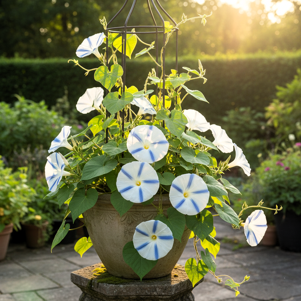 Seeds Ville Japanese Takii White Blue Stripe Morning Glory Flower Seeds - 50 Pcs - Seeds Ville