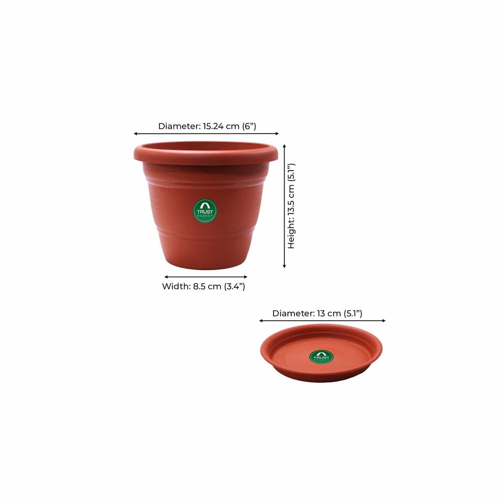 TrustBasket Terracotta pots with Bottom Plates - 3 Pcs (6 inch) | Gamla for Plants with Saucer | Pots and planters with Tray | Garden pots & Bottom Plates
