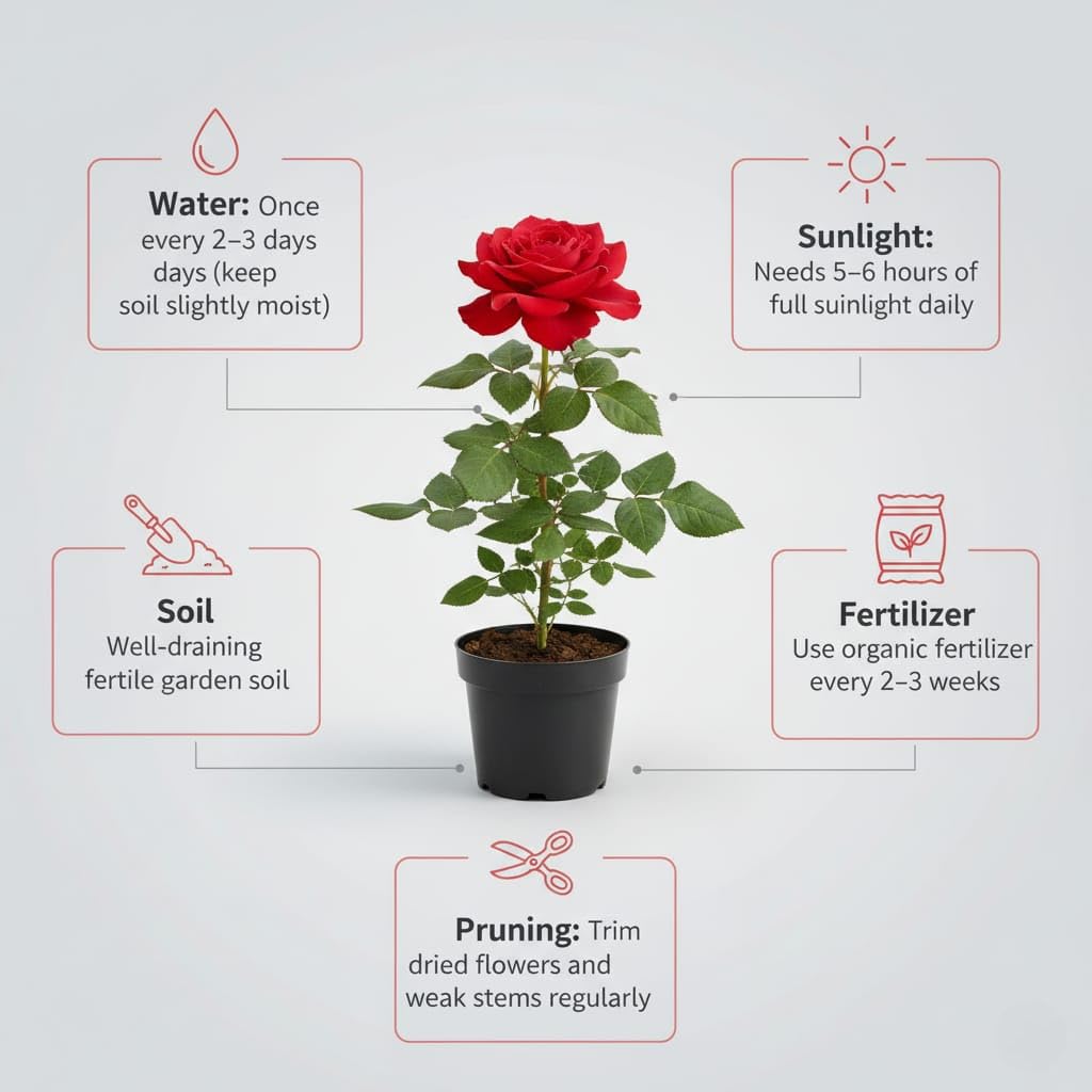 Floraplax Live Red Rose Plant in Black Pot | high Fragrant Flowering Shrub | All Season Indoor Outdoor Live Plant for Home Garden, Balcony & Decoration | Beautiful Gift Plant (RED ROSE)