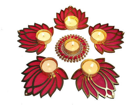 Urban Turtle Handmade Designer Red Lotus Flower Diya Set with Tealight Candle Holder | Traditional Colourful Deepak Diya Tea Light Candle Set for Home Decoration, Diwali Gifting (Pack of 6) - Seeds Ville