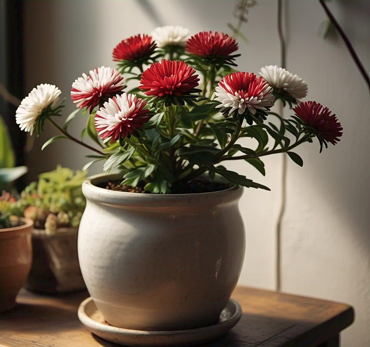 Earth Hopper 50+ SEEDS- Aster Cherry Red-White Flower Seeds Grow Year Round. - Seeds Ville