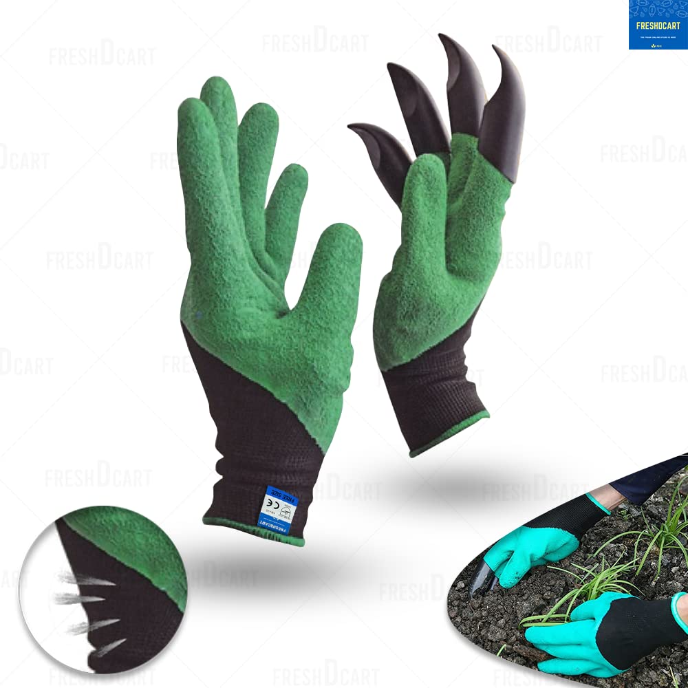 FreshDcart Gloves for Gardening Work – Heavy Duty Washable Gardening Gloves for Home Garden Use with ABS Claws on Right Hand Fingertips for Digging (Free Size, Green, Pack of 1) - Seeds Ville