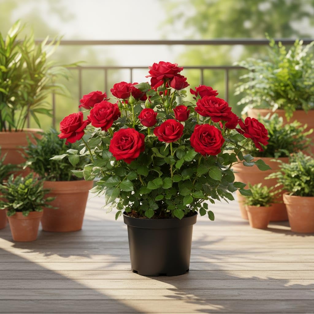 Floraplax Live Red Rose Plant in Black Pot | high Fragrant Flowering Shrub | All Season Indoor Outdoor Live Plant for Home Garden, Balcony & Decoration | Beautiful Gift Plant (RED ROSE)