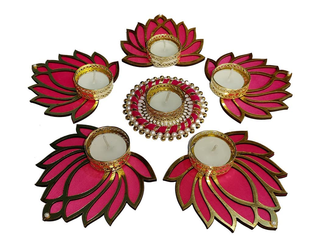 Urban Turtle Handmade Designer Red Lotus Flower Diya Set with Tealight Candle Holder | Traditional Colourful Deepak Diya Tea Light Candle Set for Home Decoration, Diwali Gifting (Pack of 6) - Seeds Ville