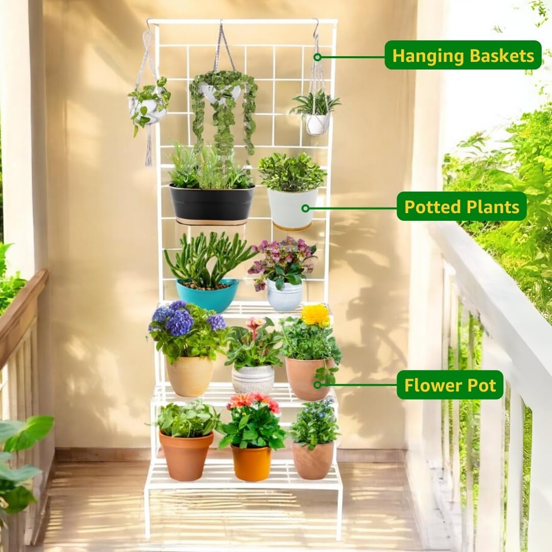 Plant Stands for Outdoor Balcony, Flower Pot Stand for Indoor Plants, Large Metal Planter Stand for Living Room, home decor, Indoor & Outdoor plants, 4 Tier, (White) - Seeds Ville