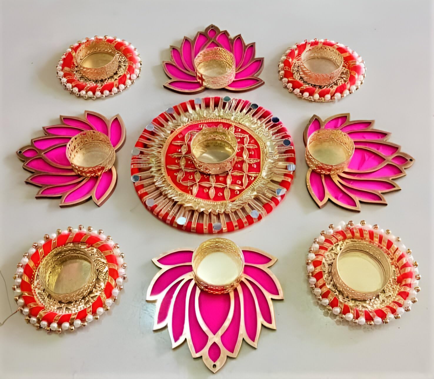 Tealight Candle Diya Holder Rangoli Set for Diwali, Navratri, Indian Festival Home Decoration- 9 Pcs - Seeds Ville