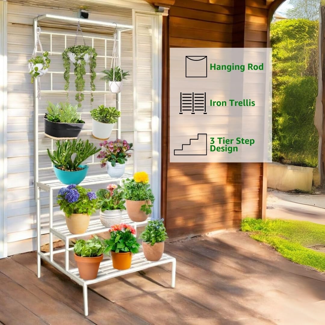 Plant Stands for Outdoor Balcony, Flower Pot Stand for Indoor Plants, Large Metal Planter Stand for Living Room, home decor, Indoor & Outdoor plants, 4 Tier, (White) - Seeds Ville
