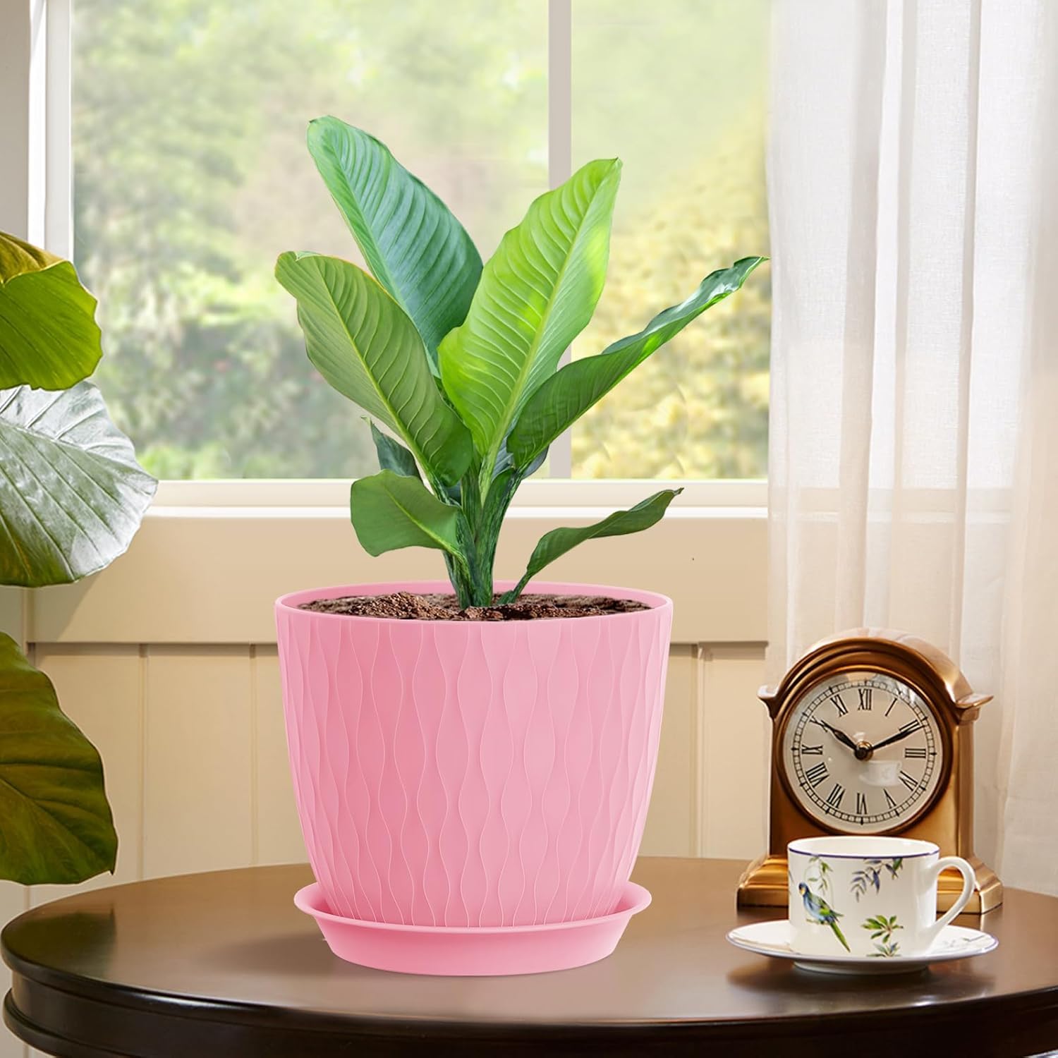 Eightiz (Pack of 5 6 Inch Plastic Flower Pots for Indoor & Outdoor Terrace,Garden Plants Decorative Planters with Drainage Holes & Matching Saucers Durable & Lightweight (Multicolour)