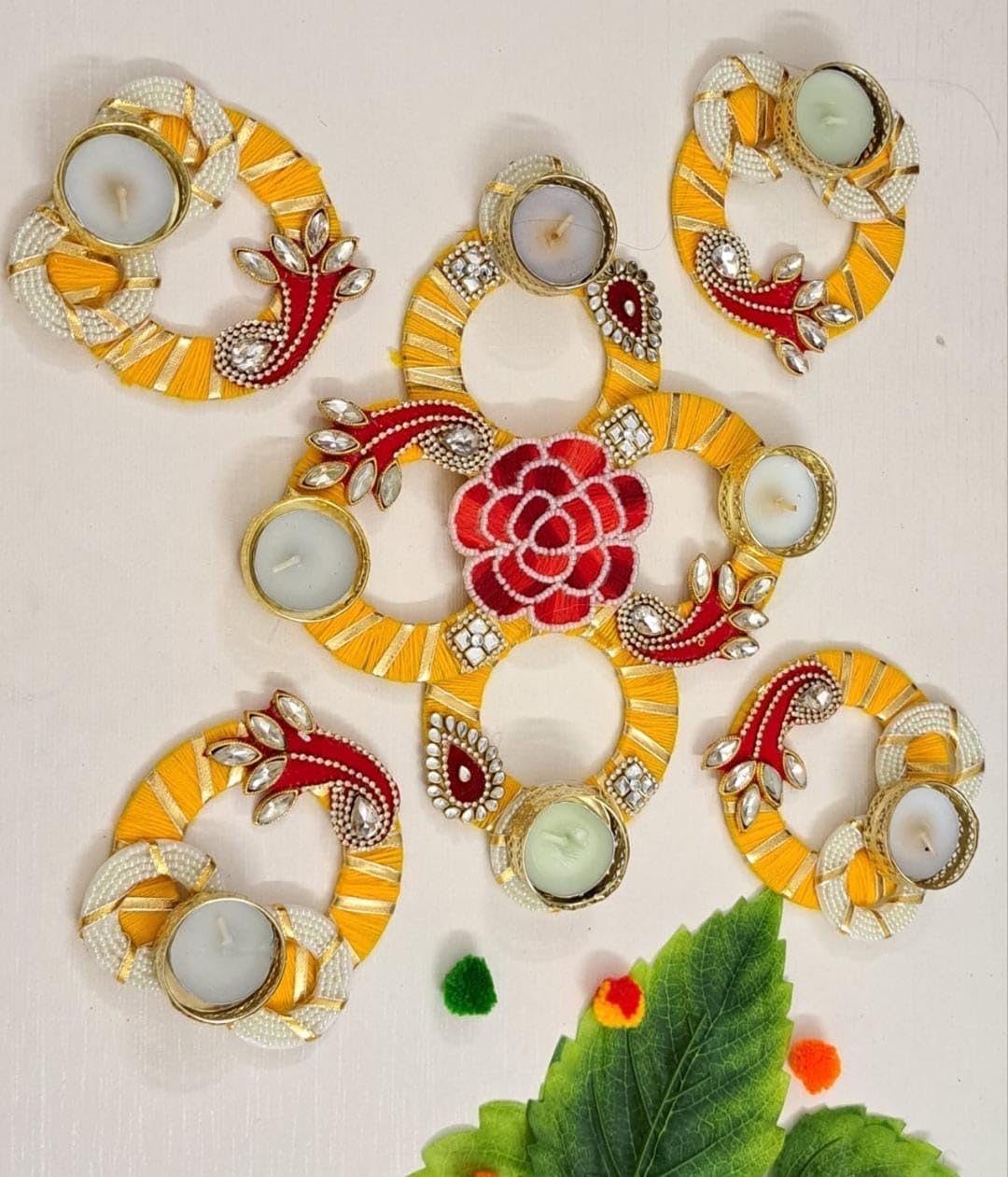 Urban Turtle Handcrafted Artificial Diya Rangoli Mat Tealight Candle Holder | Traditional Colourful Designer Deepak Diya Tea Light Candle Set for Home, Diwali Decoration Gifting (8 Pieces, Yellow) - Seeds Ville
