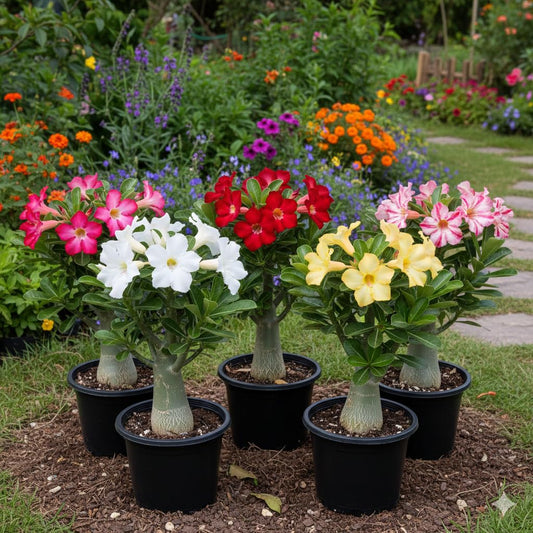 Live "Adenium Plant | Orginal Bonsai || Multicolour Flowering | Hybrid | Pack Of 5 Combo | Without Pot | Set Of 5 Plants A4