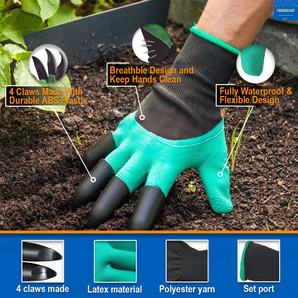FreshDcart Gloves for Gardening Work – Heavy Duty Washable Gardening Gloves for Home Garden Use with ABS Claws on Right Hand Fingertips for Digging (Free Size, Green, Pack of 1) - Seeds Ville