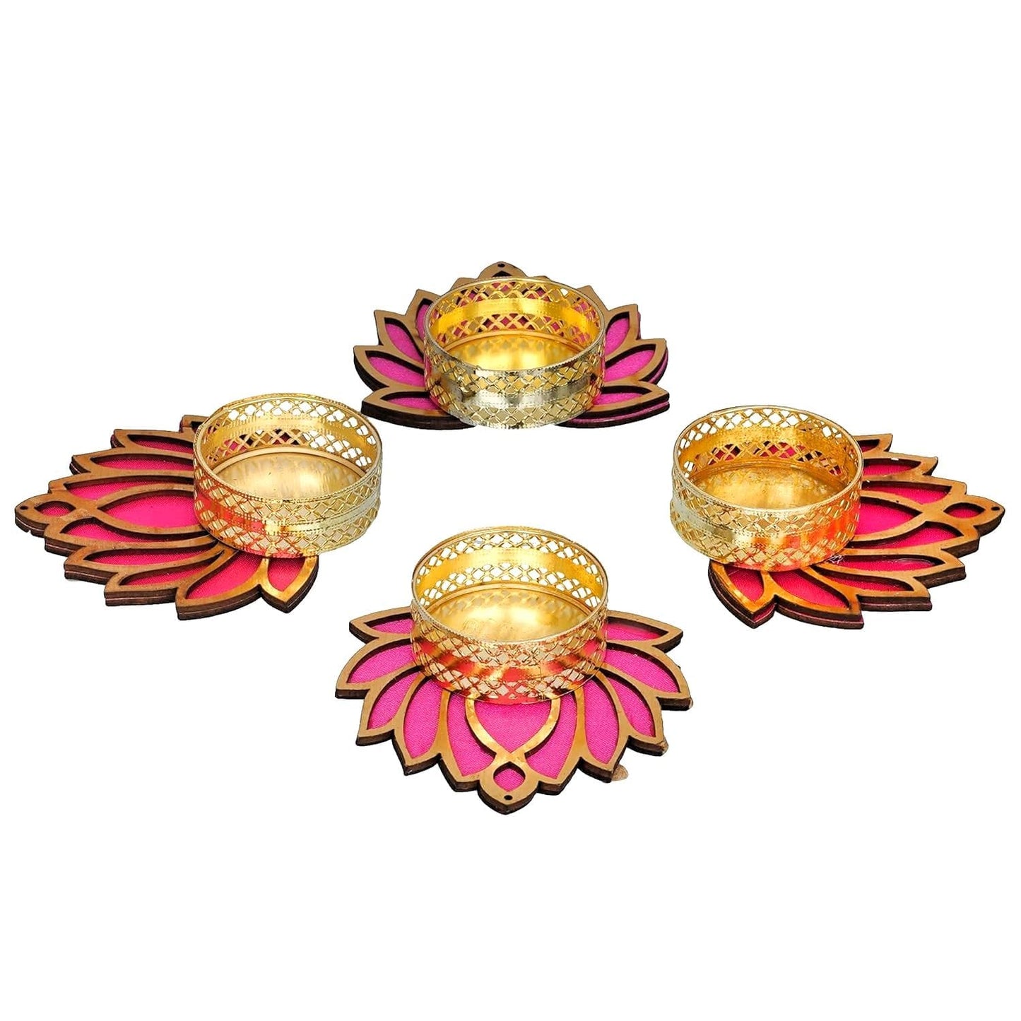 Pink Color Lotus Shape Tealight Candle Holder - Diwali, Navratri Home Decoration- Set of 4 - Seeds Ville