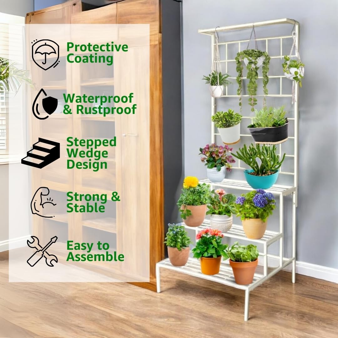 Plant Stands for Outdoor Balcony, Flower Pot Stand for Indoor Plants, Large Metal Planter Stand for Living Room, home decor, Indoor & Outdoor plants, 4 Tier, (White) - Seeds Ville