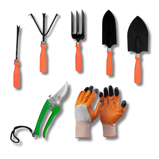 Kraft Seeds Home Tools, 7Pcs Gardening Tools Kit for Home Garden - (Cultivator, Fork, Trowels, Weeder, Gloves, Pruner Cutter), Lightweight, Portable, Durable Gardening Items for Indoor and Outdoor Use - Seeds Ville