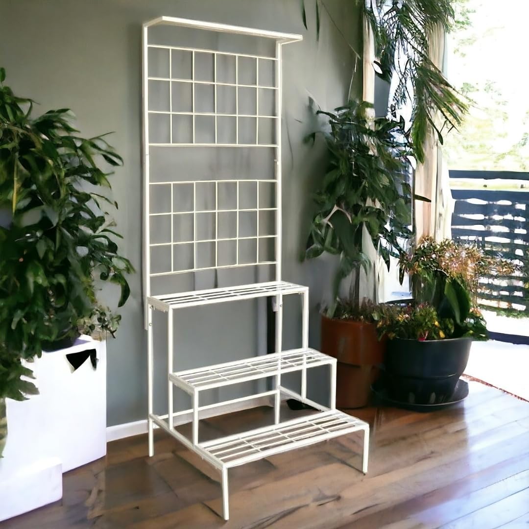 Plant Stands for Outdoor Balcony, Flower Pot Stand for Indoor Plants, Large Metal Planter Stand for Living Room, home decor, Indoor & Outdoor plants, 4 Tier, (White) - Seeds Ville