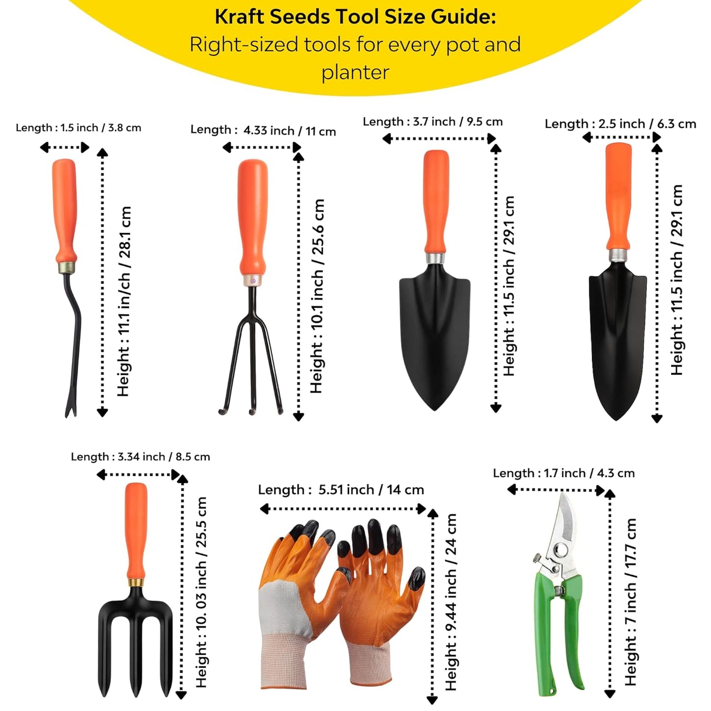 Kraft Seeds Home Tools, 7Pcs Gardening Tools Kit for Home Garden - (Cultivator, Fork, Trowels, Weeder, Gloves, Pruner Cutter), Lightweight, Portable, Durable Gardening Items for Indoor and Outdoor Use - Seeds Ville