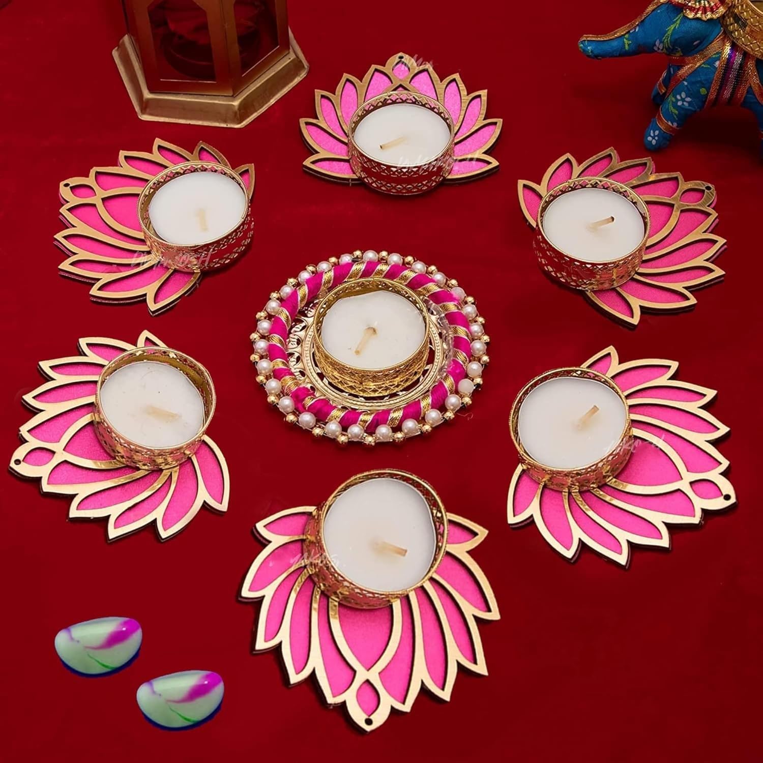 BlimBurn Rangoli Tealight for Diwali, Event Decoration, Home Decoration, Wedding and Religious Festival (Lotus Decor - 7 Pc) - Seeds Ville