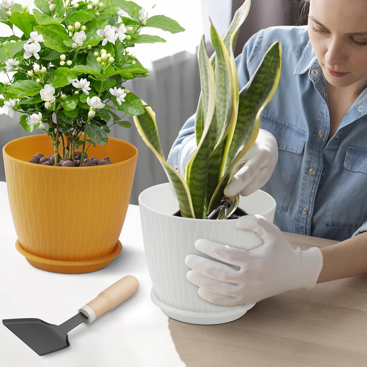 Eightiz (Pack of 5 6 Inch Plastic Flower Pots for Indoor & Outdoor Terrace,Garden Plants Decorative Planters with Drainage Holes & Matching Saucers Durable & Lightweight (Multicolour)