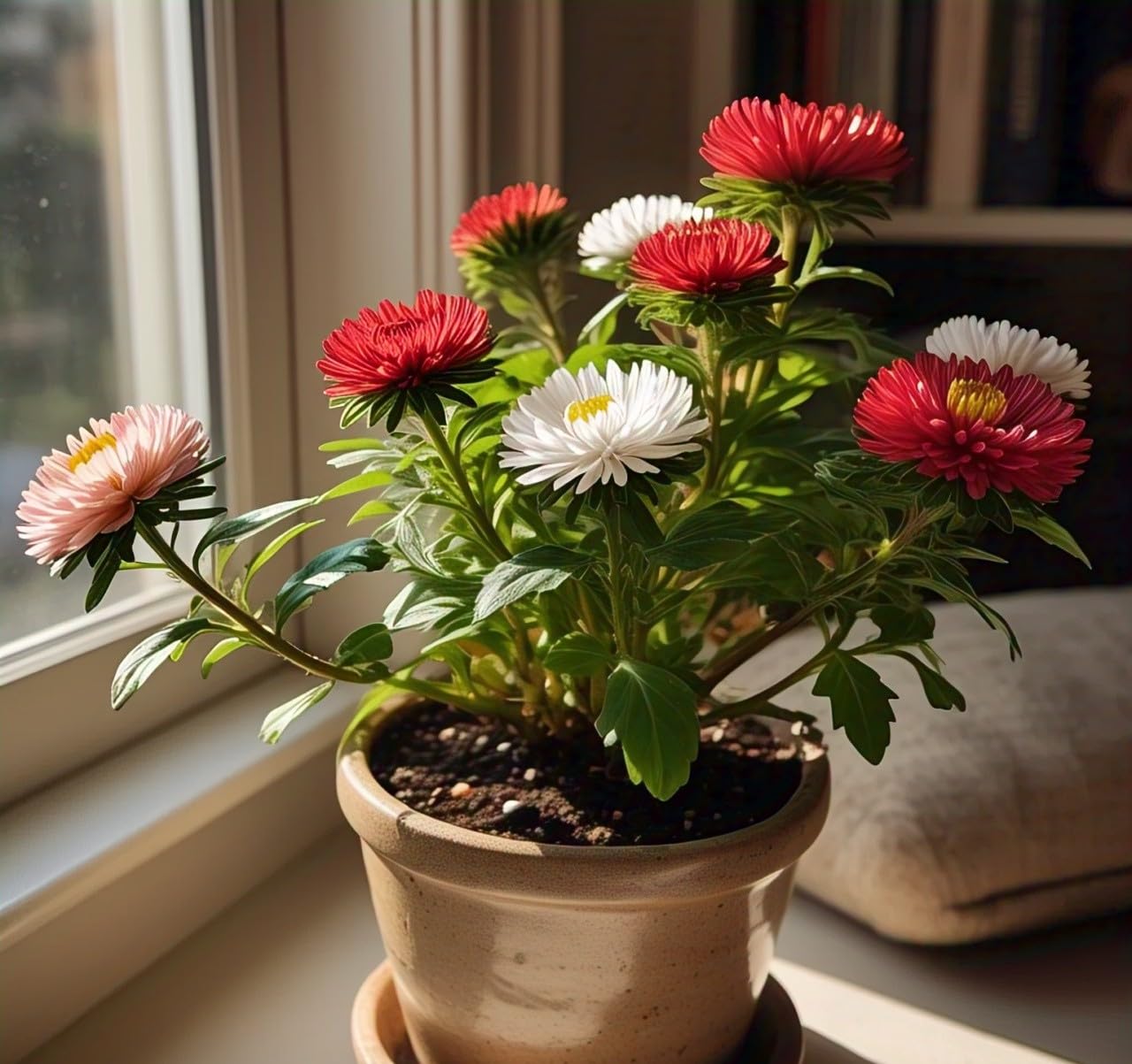 Earth Hopper 50+ SEEDS- Aster Cherry Red-White Flower Seeds Grow Year Round. - Seeds Ville