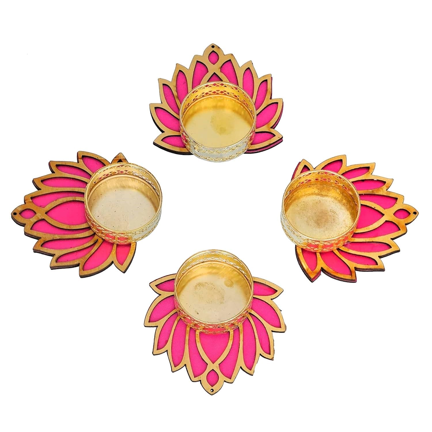 Pink Color Lotus Shape Tealight Candle Holder - Diwali, Navratri Home Decoration- Set of 4 - Seeds Ville