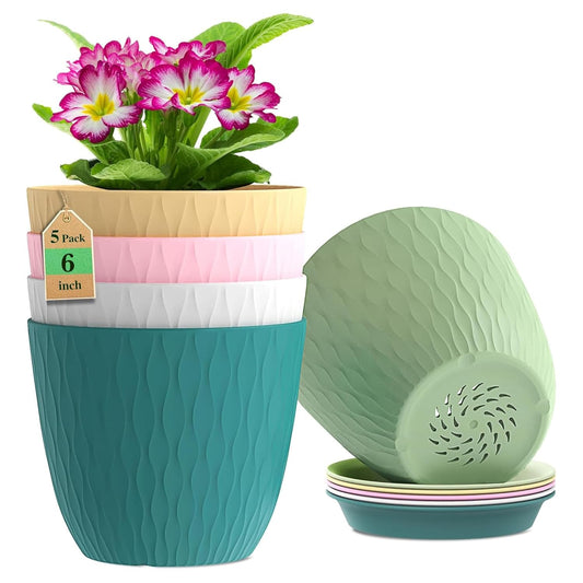 Eightiz (Pack of 5 6 Inch Plastic Flower Pots for Indoor & Outdoor Terrace,Garden Plants Decorative Planters with Drainage Holes & Matching Saucers Durable & Lightweight (Multicolour)