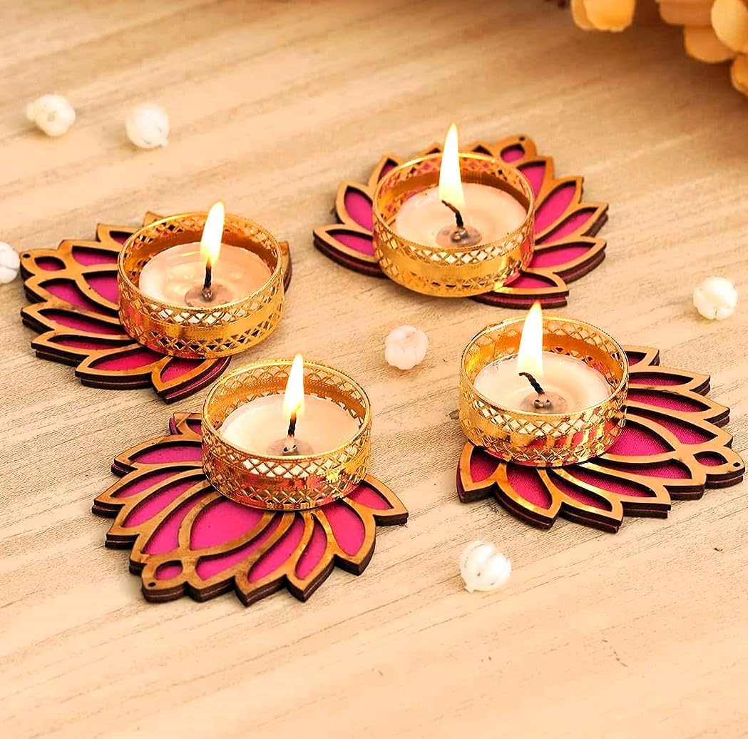 Pink Color Lotus Shape Tealight Candle Holder - Diwali, Navratri Home Decoration- Set of 4 - Seeds Ville