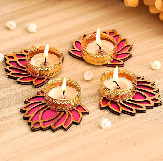 Pink Color Lotus Shape Tealight Candle Holder - Diwali, Navratri Home Decoration- Set of 4 - Seeds Ville