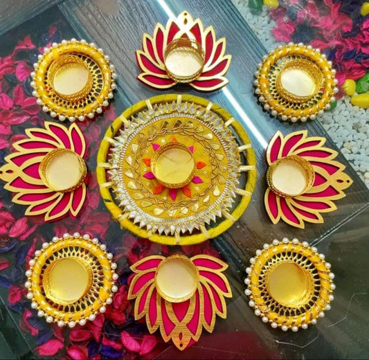 Home Decor Candle Holder Set for Diwali, Festival Home Decoration - Lotus - Tealight Candle Holder Rangoli Set - Seeds Ville