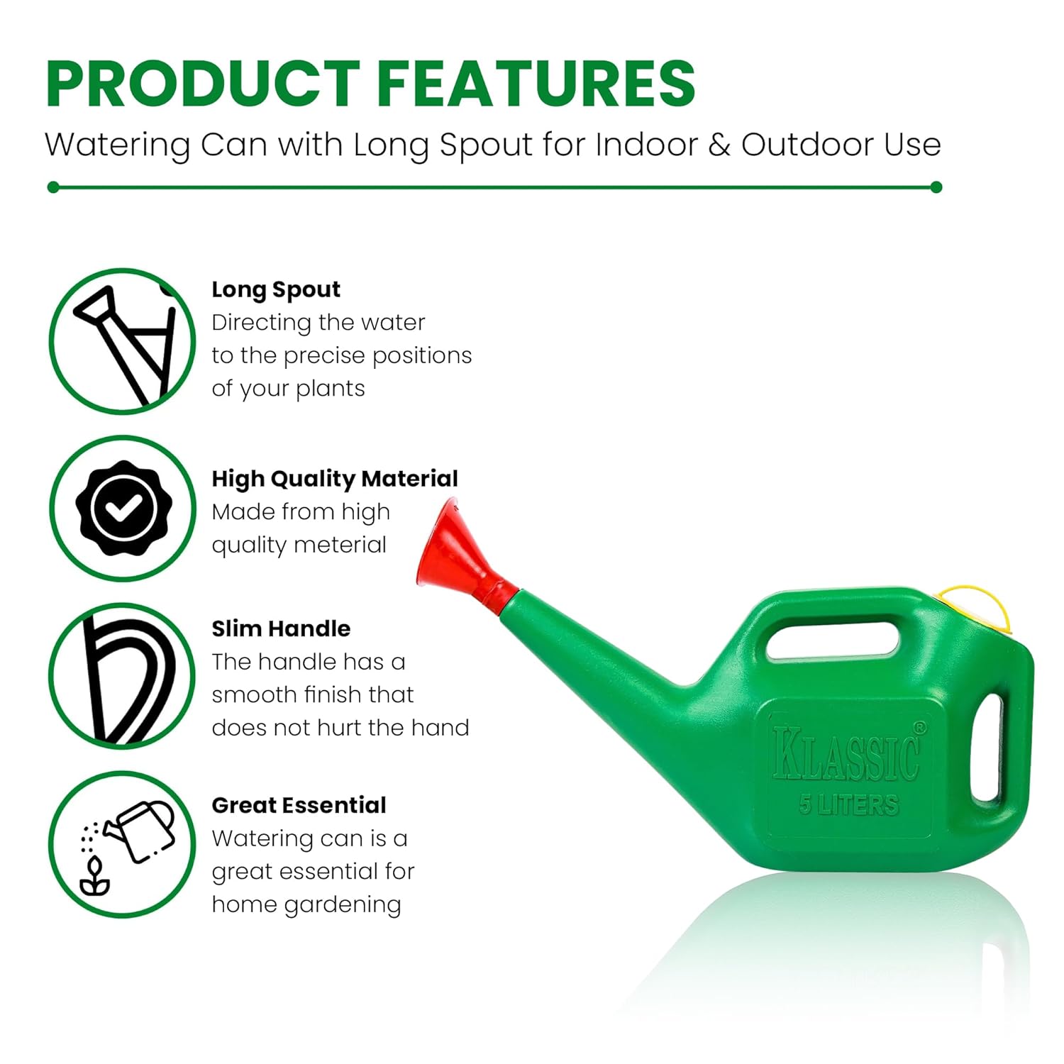 Klassic Watering Can (5L) | Plastic Green Water Can with Sprayer for Plants/Garden | Indoor Outdoor Watering Shower Can | Sprinkler for Plants | Watering Hand Bottles for Garden | Water Spray Can - Seeds Ville