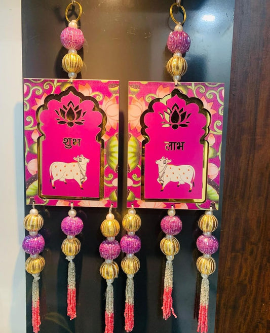 Handmade Multicolor Shubh and Labh Door Hangings,with Cow & Jhumki Ganpati Diwali Home Decoration Wall Hangings Temple Door Welcome Tags, Temple Decoration Items, 1 Pair by Urban Turtle (Pink) - Seeds Ville