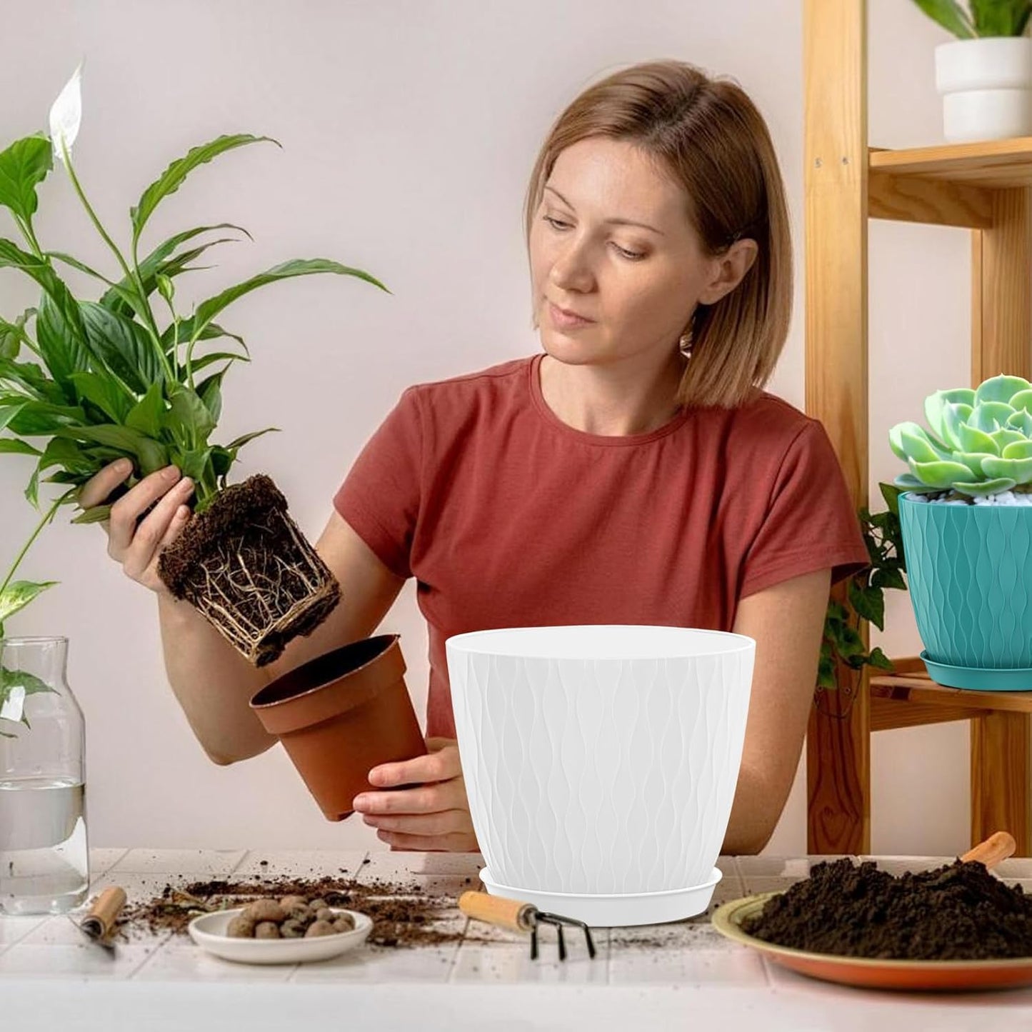 Eightiz (Pack of 5 6 Inch Plastic Flower Pots for Indoor & Outdoor Terrace,Garden Plants Decorative Planters with Drainage Holes & Matching Saucers Durable & Lightweight (Multicolour)