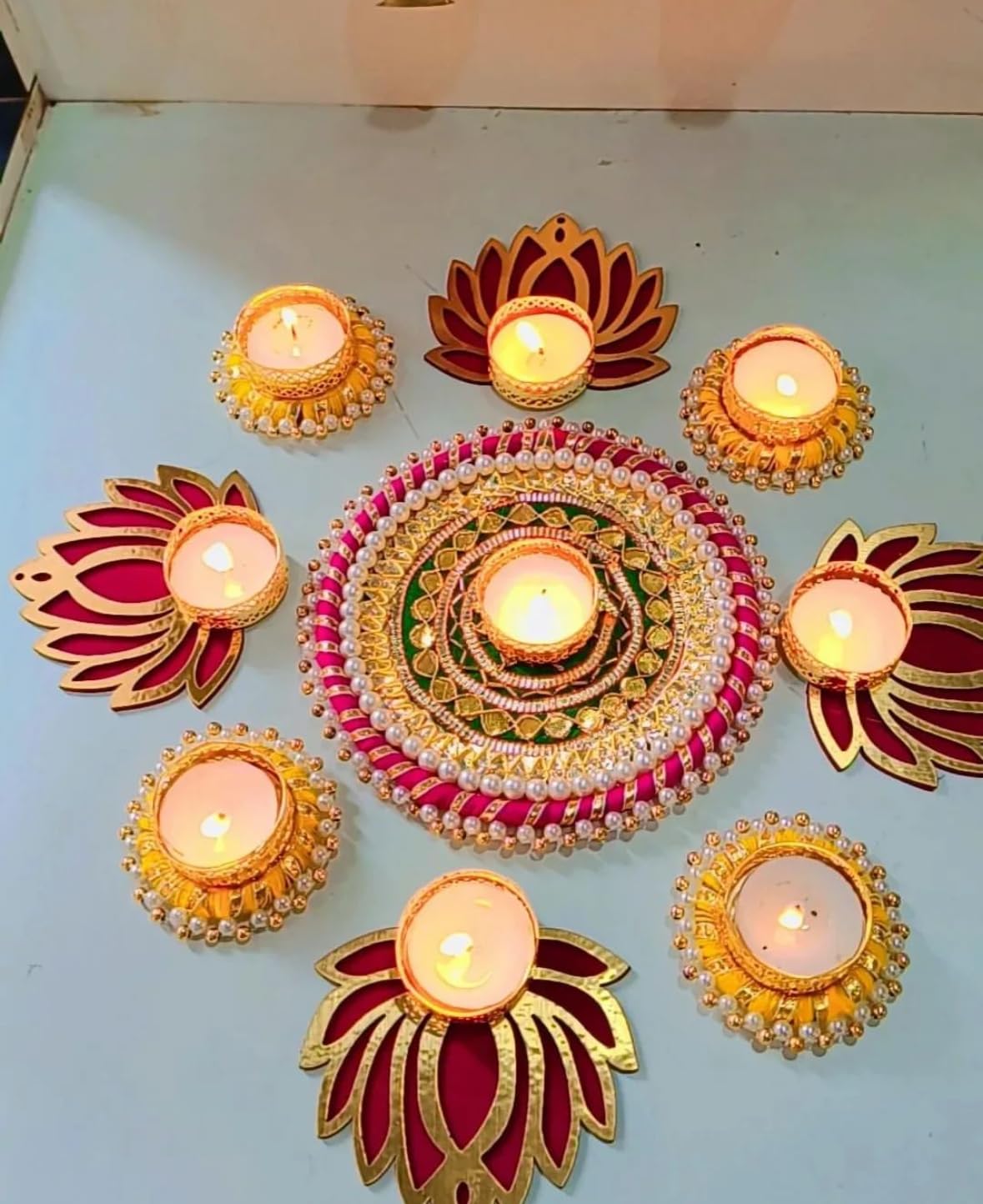 Urban Turtle Home Decorative Lotus Rangoli & Lotus Diya Set, Corporate Gift, Diwali Gift, Diya for Puja, Home Decor Light, Navratri Puja, Christmas Candle, New Year Candle Set of 9 - Seeds Ville